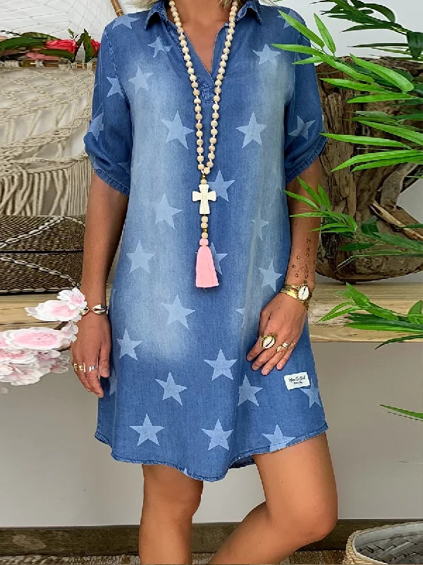 V-Neck Pentagram Denim Casual Dress Tunics Canvas sturdy