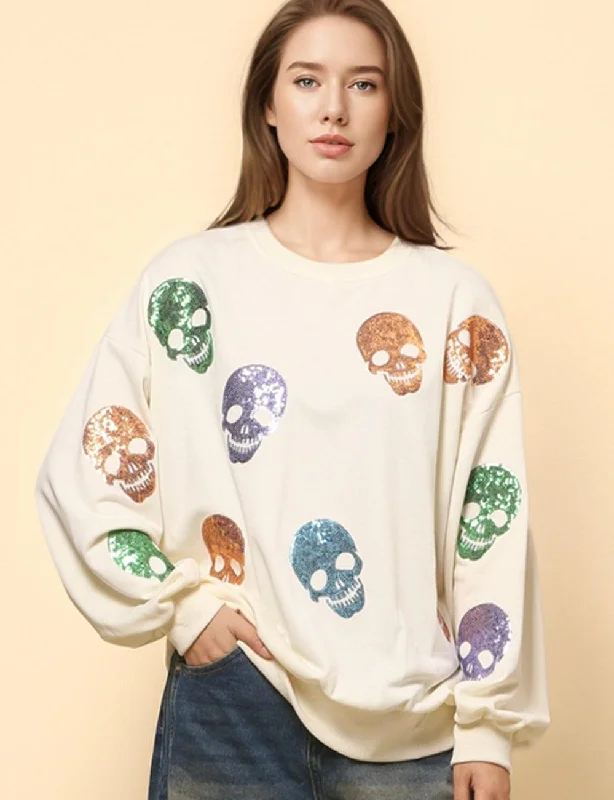 Ladies Halloween Sequin Skull Holiday Pullover Sweatshirt SKT4725 Hoodie with Slit Hem Functional Movement Ladies Halloween Sequin Skull Holiday Pullover Sweatshirt SKT4725 Hoodie with Slit Hem Functional Movement