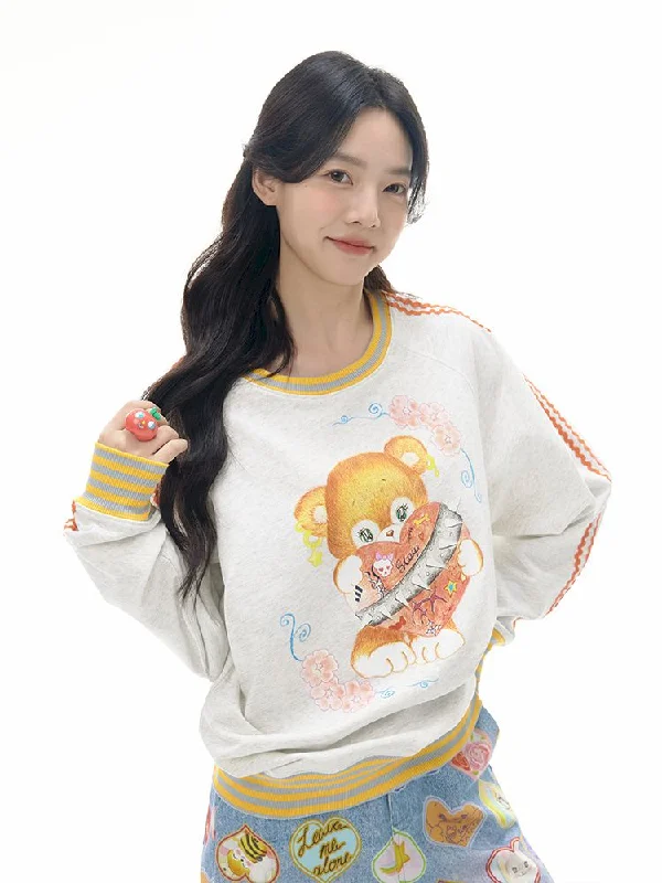 Bear Illustration Sports Sweatshirt【s0000010518】 Hoodie with Side Slits Relaxed Casual Bear Illustration Sports Sweatshirt【s0000010518】 Hoodie with Side Slits Relaxed Casual