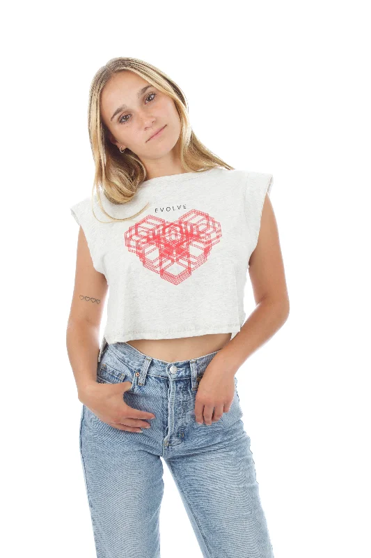 Women's Cropped Tank - Heart - Oatmeal Heather mesh tank top
