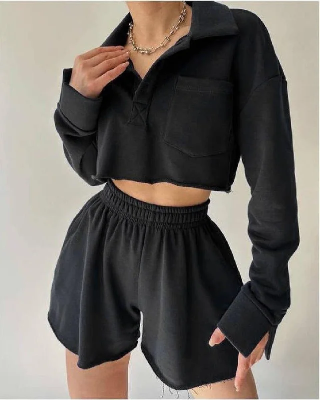 Ladies Solid Color Top and Shorts Hoodie Daily Set TZ8040 Hoodie with Hem Elastic Stretchable Comfortable Ladies Solid Color Top and Shorts Hoodie Daily Set TZ8040 Hoodie with Hem Elastic Stretchable Comfortable