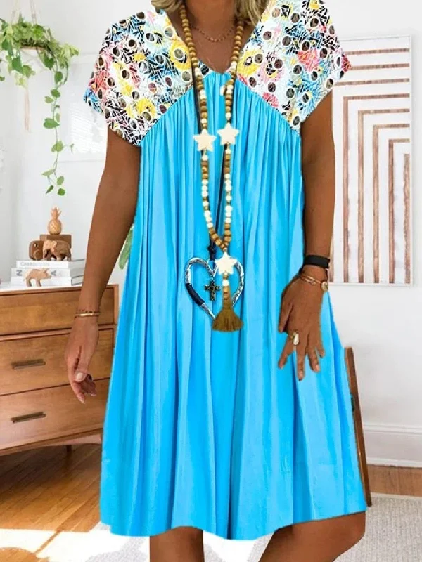 Printed Short Sleeve Stitching Casual Dress Tunics Summer linen