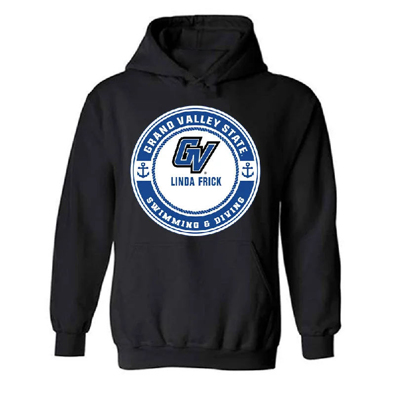 Grand Valley - NCAA Women's Swimming & Diving : Linda Frick - Hooded Sweatshirt Fashion Shersey Hoodie with Mock Neck Collared Structured Grand Valley - NCAA Women's Swimming & Diving : Linda Frick - Hooded Sweatshirt Fashion Shersey Hoodie with Mock Neck Collared Structured
