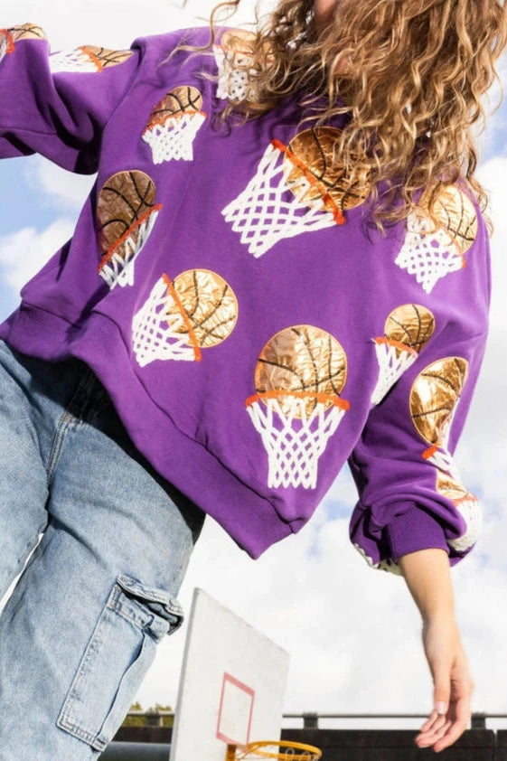 Women's Sweatshirt Basketball Sequin Embroidery Hoodie with Velcro Closure Adjustable Secure