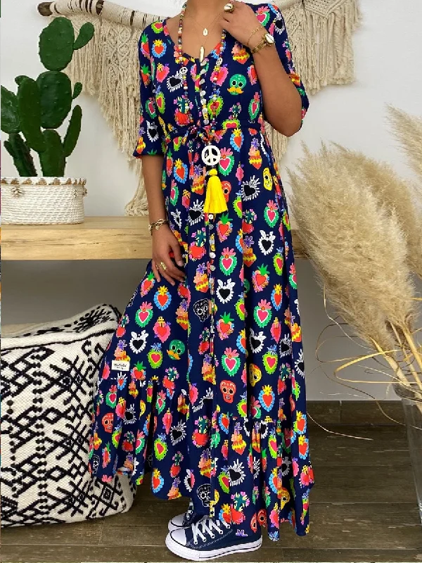 Casual Printed V-Neck Long Dress Tunics Hiking breathable