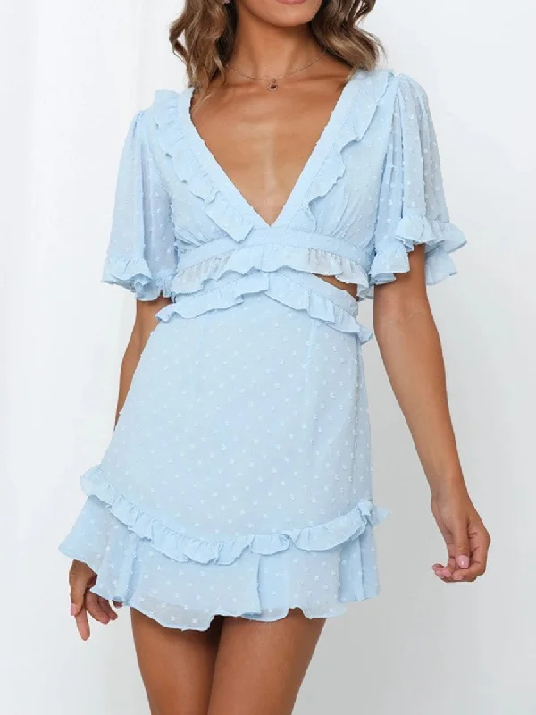 Deep V Short Sleeve Lace Backless Dress Casual Short Summer