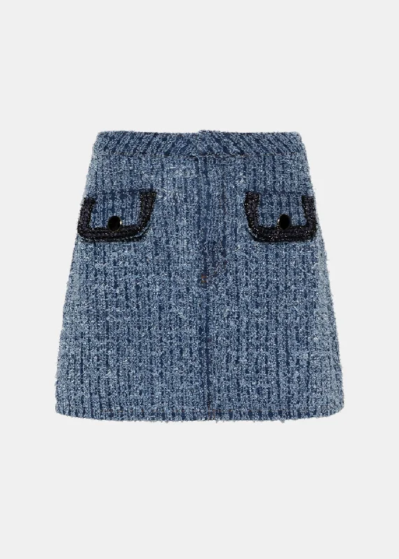 Blue Textured Denim Mini Skirt elastic waist skirt