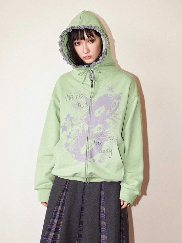 Kitten print hooded sweatshirt【s0000010716】 Hoodie with Exposed Zipper Edgy Industrial Kitten print hooded sweatshirt【s0000010716】 Hoodie with Exposed Zipper Edgy Industrial