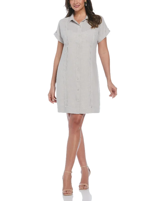 Women's Two-Tone Two-Pocket Linen Blend Guayabera Dress Tunics Mesh breathable