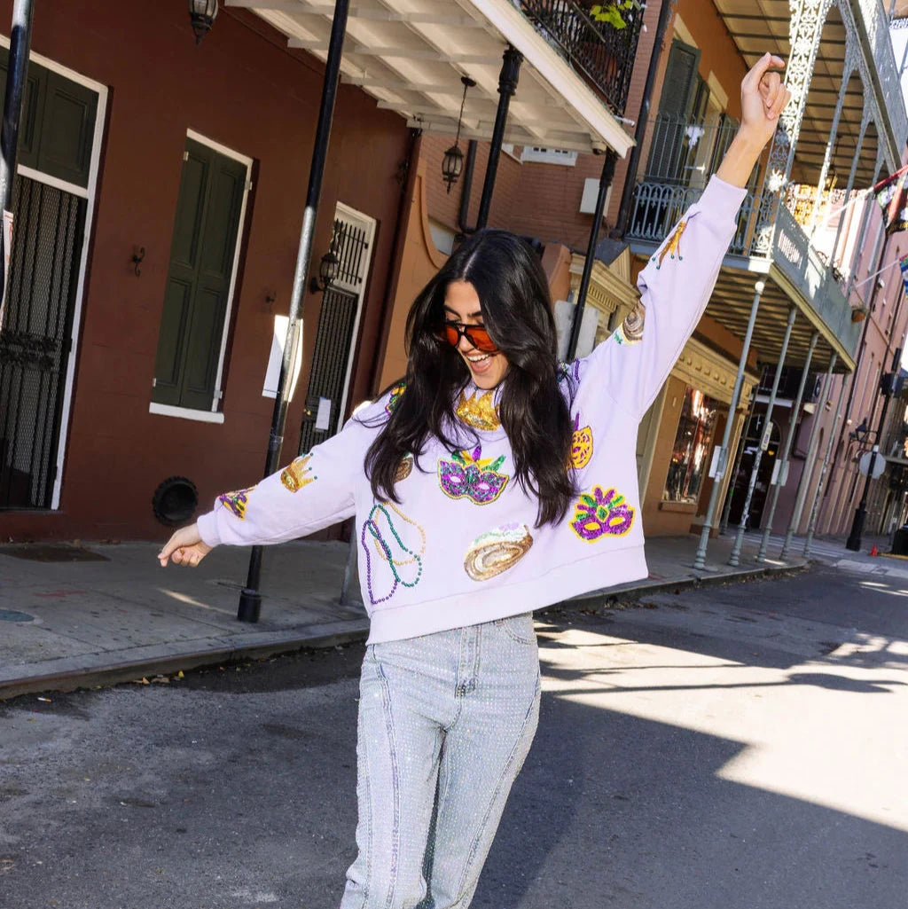 Mardi Gras Icon Sweatshirt- Lavender (Women's) Hoodie with Hem Patch Decorative Personalized Mardi Gras Icon Sweatshirt- Lavender (Women's) Hoodie with Hem Patch Decorative Personalized