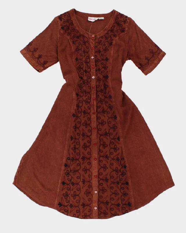 Vintage 80s/90s Brown Embroidered Button-Up Dress - S Tunics Top rated