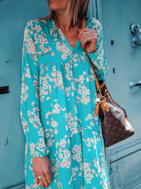Fashionable Wild V-Neck Printed Long-Sleeved Loose Casual Dress Tunics Favorite customer Fashionable Wild V-Neck Printed Long-Sleeved Loose Casual Dress Tunics Favorite customer