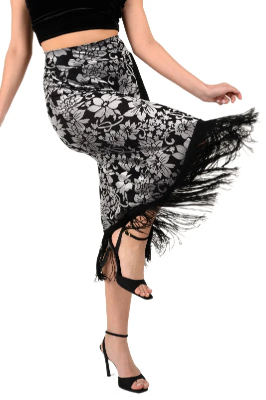 Floral Velvet Wrap Effect Dance Skirt With Fringe cashmere skirt soft