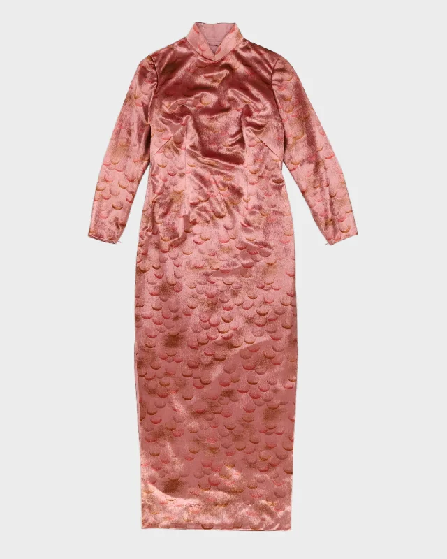 Vintage 1980s Pink Patterned Velvet Cheongsam Dress - S Boat Neckline Classic