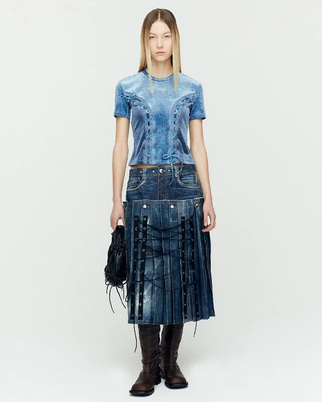 DENIM TROMPE L`OEIL PLEATS LONG SKIRT apa766w(BLUE) button skirt front