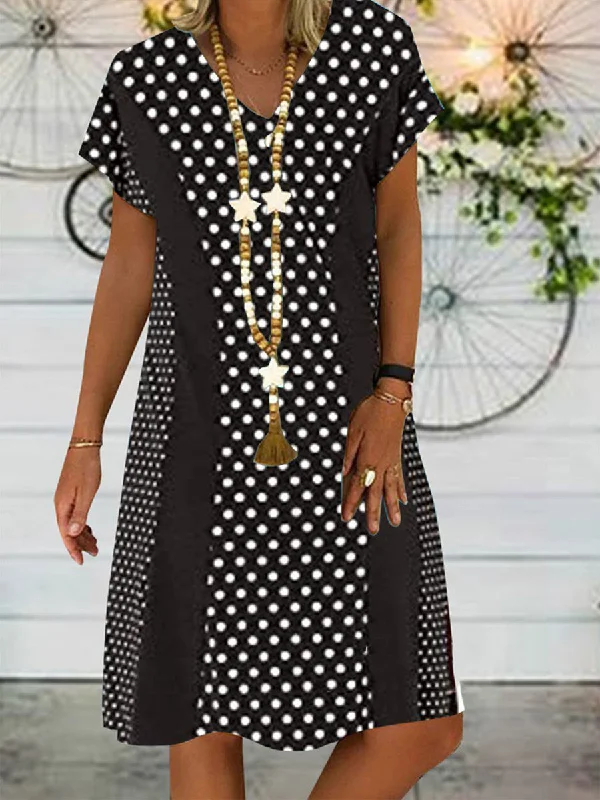  Printed Short Sleeve V-Neck Midi Casual Dress Tunics Seasonal trendy