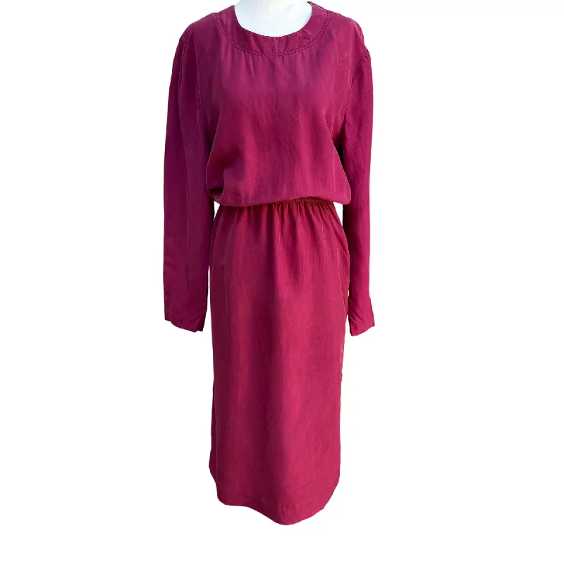 Leslie Fay Vintage Burgundy Long-Sleeve Side Button Detail Fitted Waist Dress 16 Boat Neckline Classic