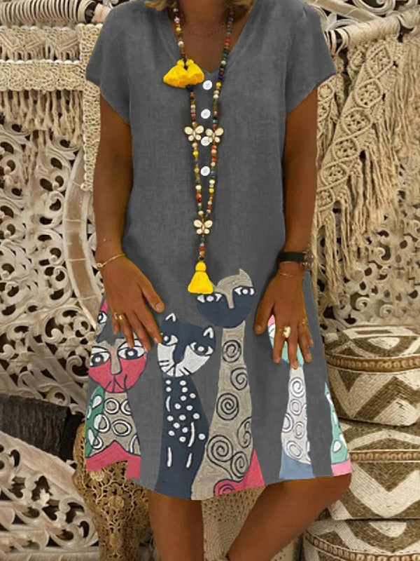 Cartoon Printed Short-sleeved Cotton and Linen V-neck Dress Tunics Exclusive limited Cartoon Printed Short-sleeved Cotton and Linen V-neck Dress Tunics Exclusive limited