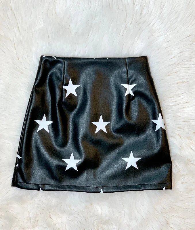 black faux leather skirt with white stars leather skirt sleek