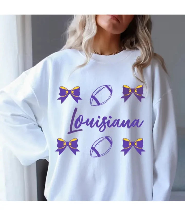 LSU Tigers Sweatshirt Football and Bows Crewneck Hoodie with Slit Hem Functional Movement