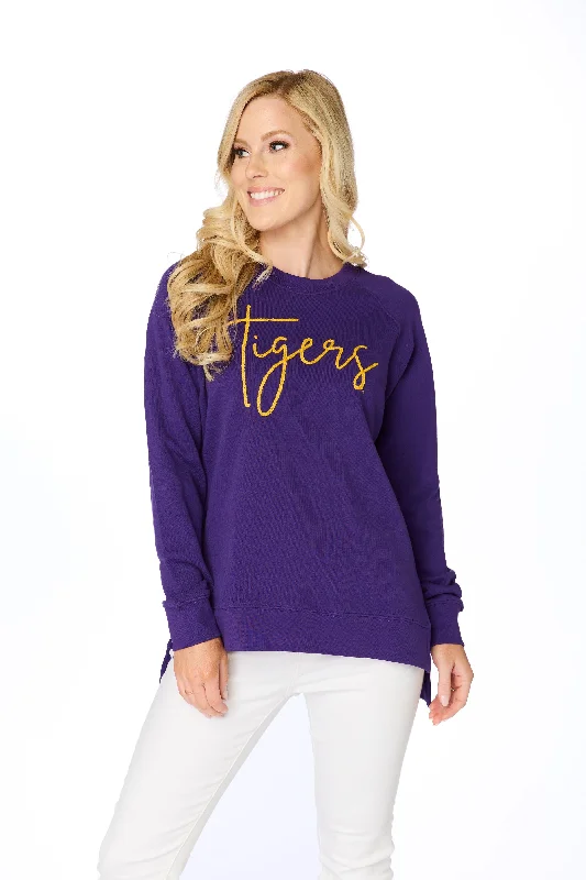 LSU Tigers Women's Embroidered Sweatshirt Tigers in Script Hoodie with Hem Detail Decorative Unique