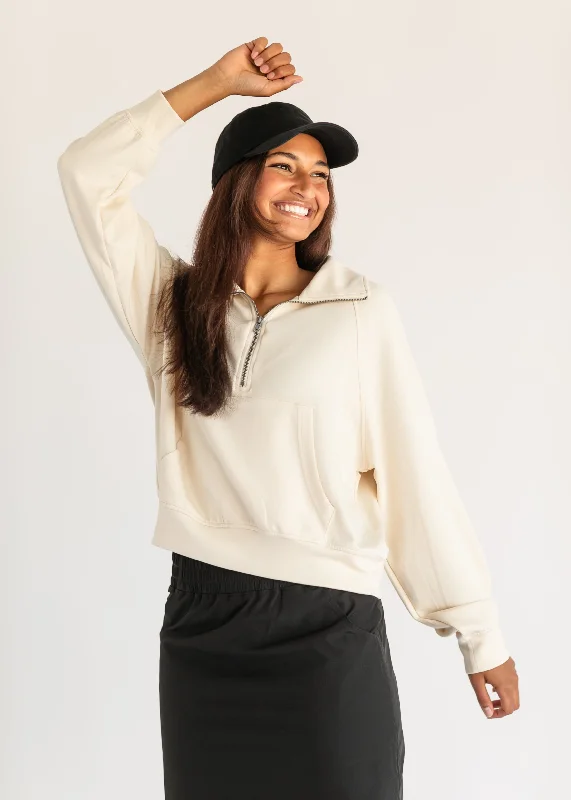 Carina Soft Quarter Zip Sweatshirt Hoodie with Hem Raw Edge Edgy Unfinished