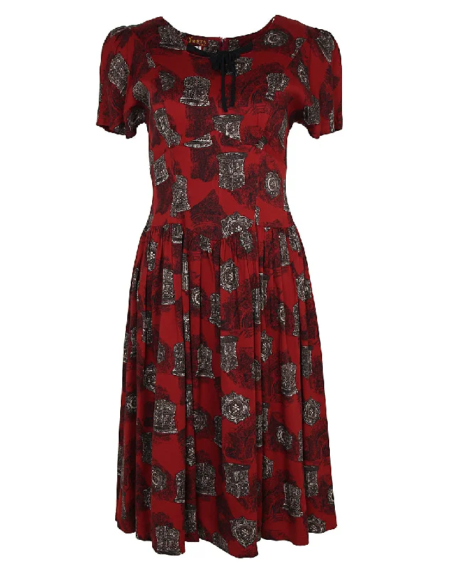 80s does 40s Burgundy Print Dress - XS Tunics Sale discount