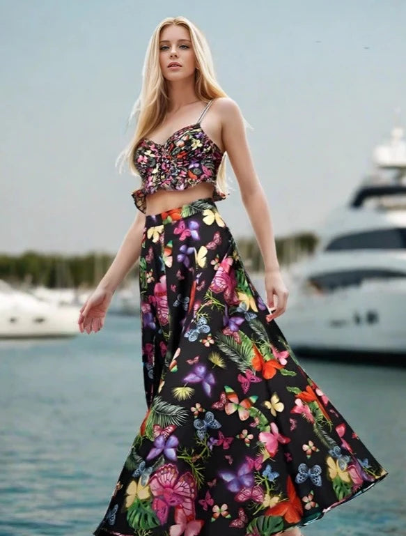 Tropical Printing Two Piece Set For Women Strapless Sleeveless Top High Waist A Line Skirt Slimming Sets Female denim skirt classic