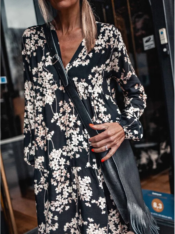  V-Neck Floral Print Long Sleeve Casual Dress Tunics Essential wardrobe