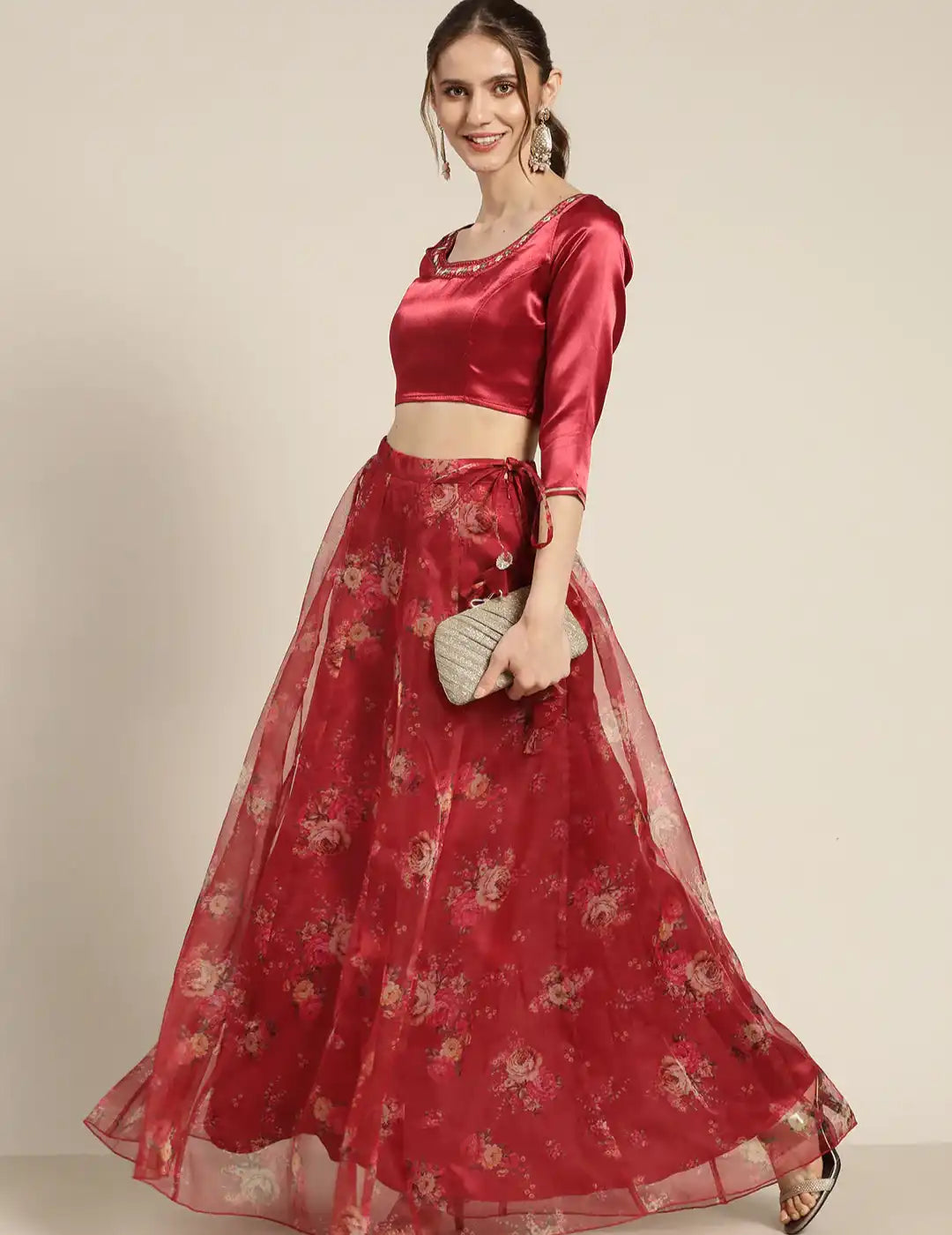 Maroon Organza Floral Anarkali Skirt denim skirt durable
