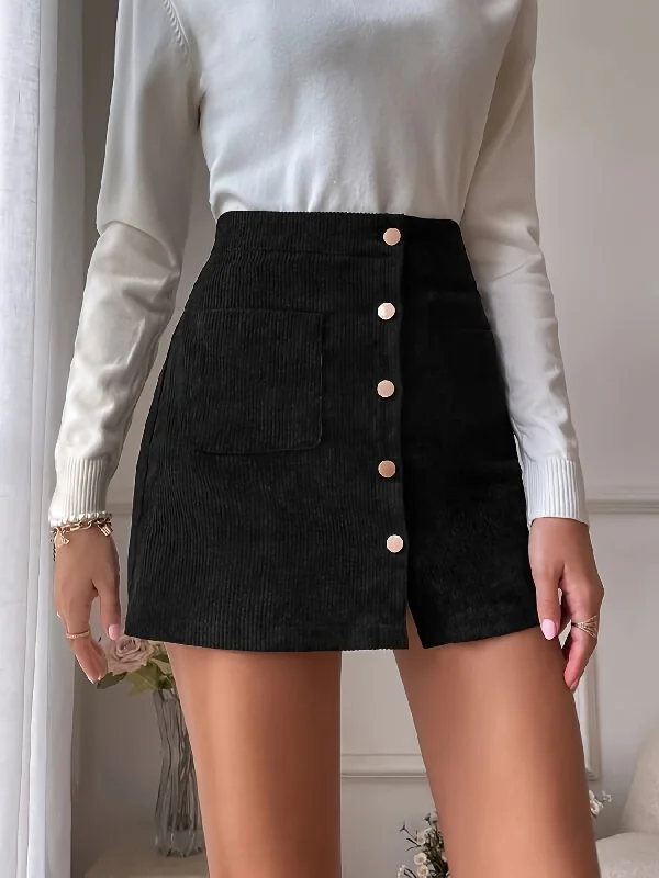 Casual Corduroy A-Line Slim Mid Waist Fashion Button Pencil Skirts slim fit skirt