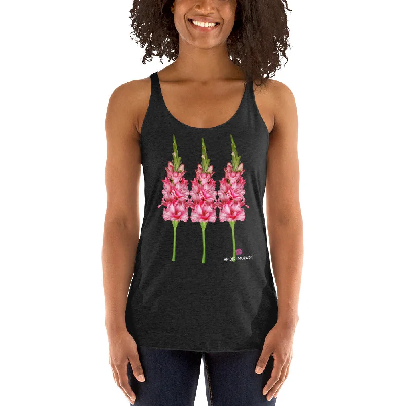 Pink Floral Tank Top, Flower Print Designer Premium Women's Racerback Crew Neck Best Tank Top cute tank top