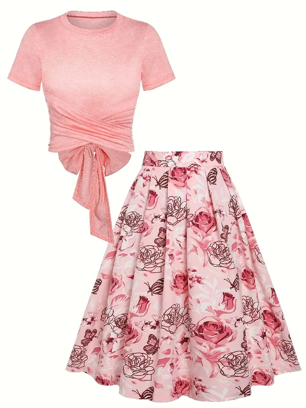 Elegant Two-piece Skirt Set, Solid Criss Cross Tie Back Top & Floral Print Skirt Outfits, Women's Clothing leather skirt sleek