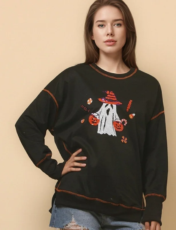 Ladies Halloween Sequin Ghost Casual Pullover Sweatshirt SKT4780 Hoodie with Magnetic Closure Innovative Modern Ladies Halloween Sequin Ghost Casual Pullover Sweatshirt SKT4780 Hoodie with Magnetic Closure Innovative Modern