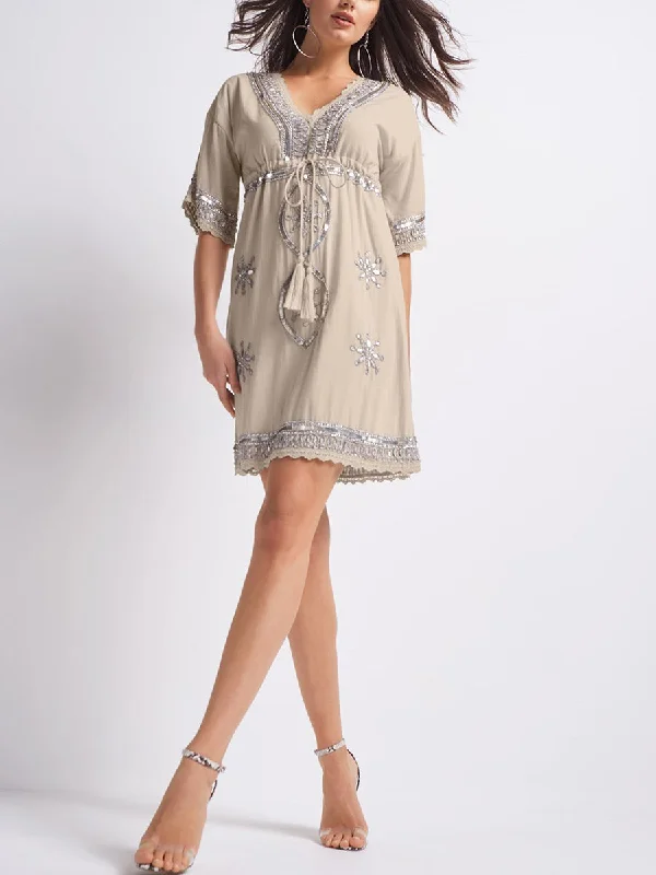 Spring-Summer Short-Sleeve V-Neck Embroidered Dress Tunics Versatile functional