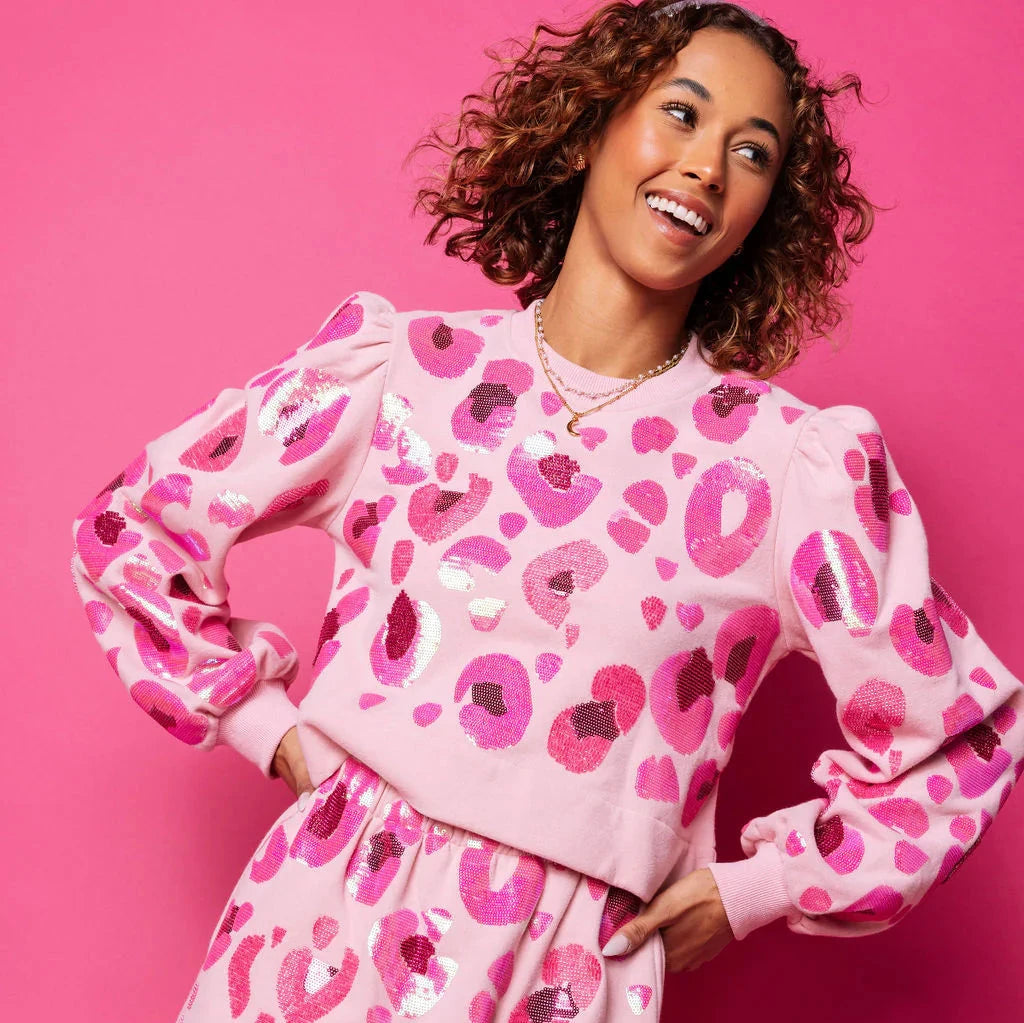 Pink Seed Bead & Sequin Leopard Sweatshirt- Women's Hoodie with Ribbed Hem Stretchable Secure Pink Seed Bead & Sequin Leopard Sweatshirt- Women's Hoodie with Ribbed Hem Stretchable Secure