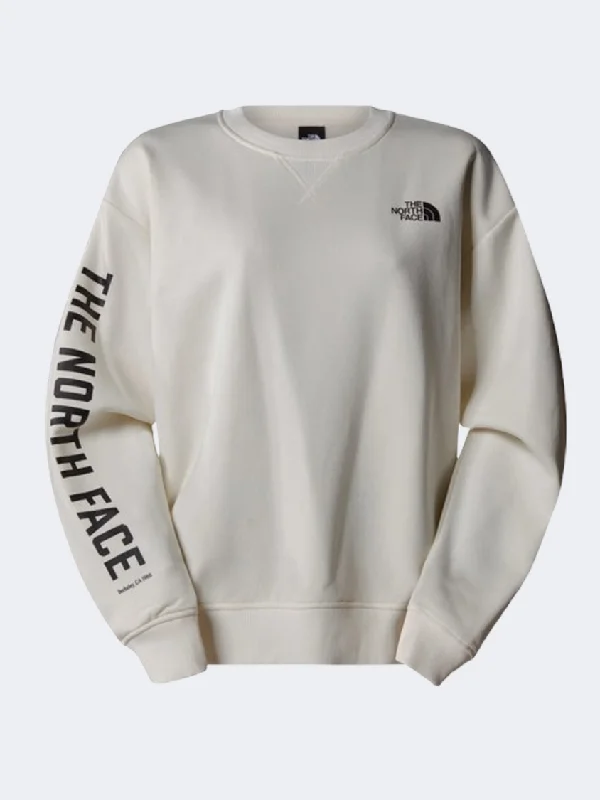 The North Face Crew Varsity Graphic Women Lifestyle Sweatshirt White Dune Hoodie with Logo Branding Identity The North Face Crew Varsity Graphic Women Lifestyle Sweatshirt White Dune Hoodie with Logo Branding Identity