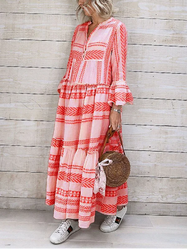 Bohemian Fashion Loose V-Neck Button Casual Dress Tunics Cozy comfortable