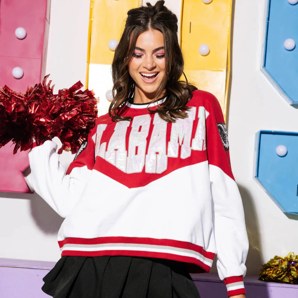 Crimson & White Two Tone Holographic 'Alabama' Sweatshirt- Women's Hoodie with Color Block Contrast Stylish Crimson & White Two Tone Holographic 'Alabama' Sweatshirt- Women's Hoodie with Color Block Contrast Stylish