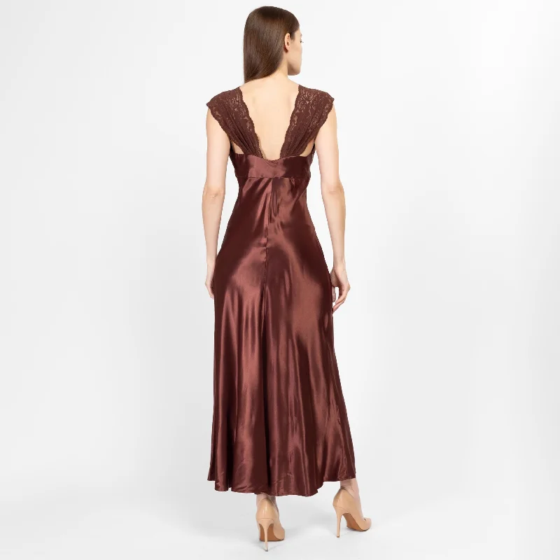 XS-Sm 90s Hugo Buscati Chocolate Brown Satin Bias Cut Slip Dress Boatneck Modish Everyday