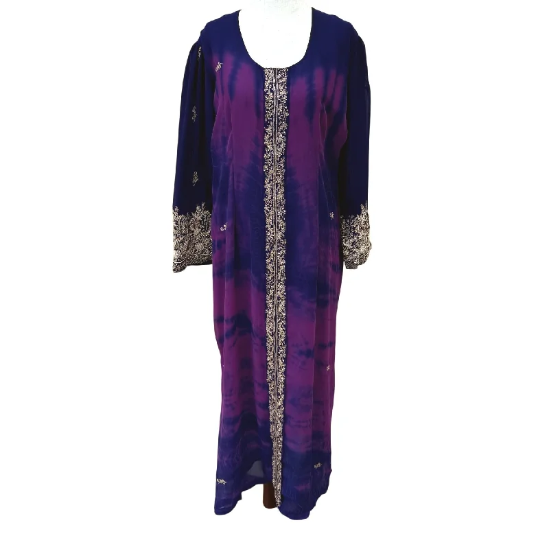 Handmade Embroidered Purple Blue Tie-Dye Long Sleeve Beaded Sequin Kaftan Dress Crew Neckline Sporty