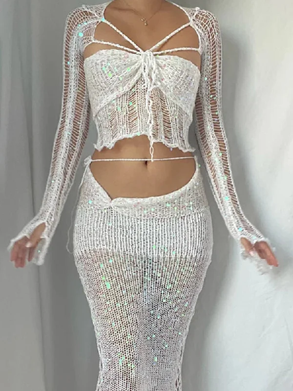 Sequins Knitted Hollow Out Two Piece Set Women Long Sleeve Cropped Top Midi Bodycon Skirt 2023 Summer Chic Beach Female Outfits leather skirt bold