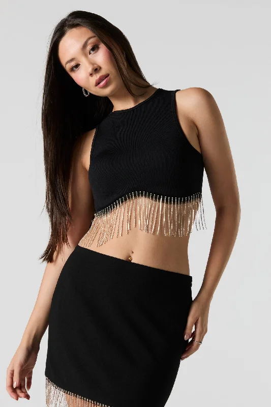 Ribbed Rhinestone Fringe Cropped Tank sheer tank top