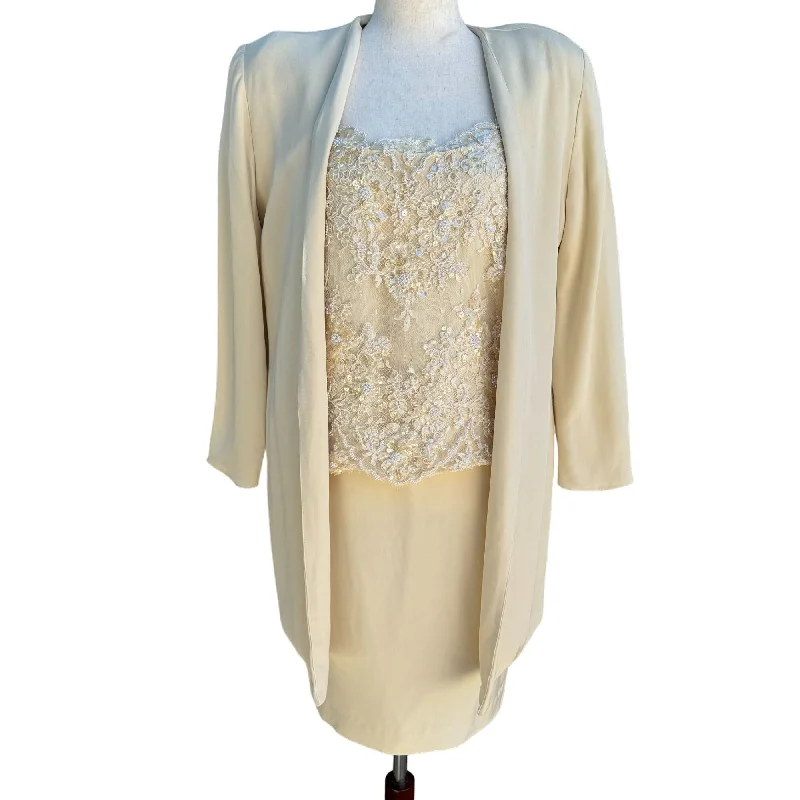 Becky Bisoulis Neiman Marcus Vintage Women's Beaded Lace Cream 3 Piece Dress Set Tunics Corduroy durable