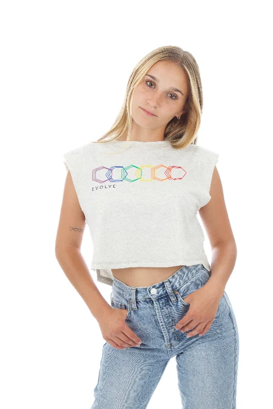 Women's Cropped Tank - Geo Rainbow - Oatmeal Heather open back tank