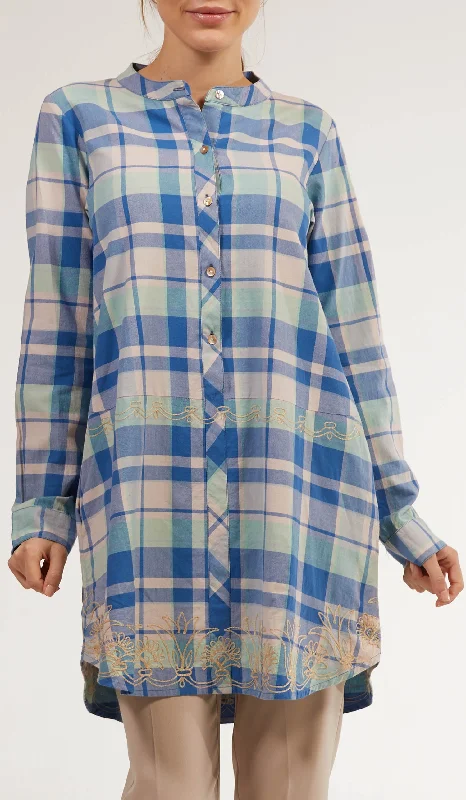 Sabeen Long Cotton Plaid Embroidered Tunic Dress - Blue - FINAL SALE Shift Classic Vintage