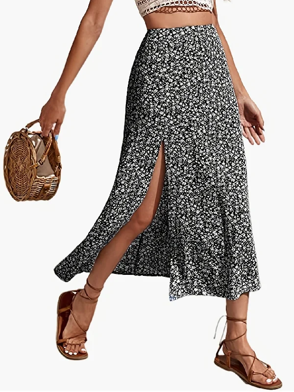 Ditsy Floral Print Split Elegant High Waist Skirts For Spring Summer silk skirt luxurious