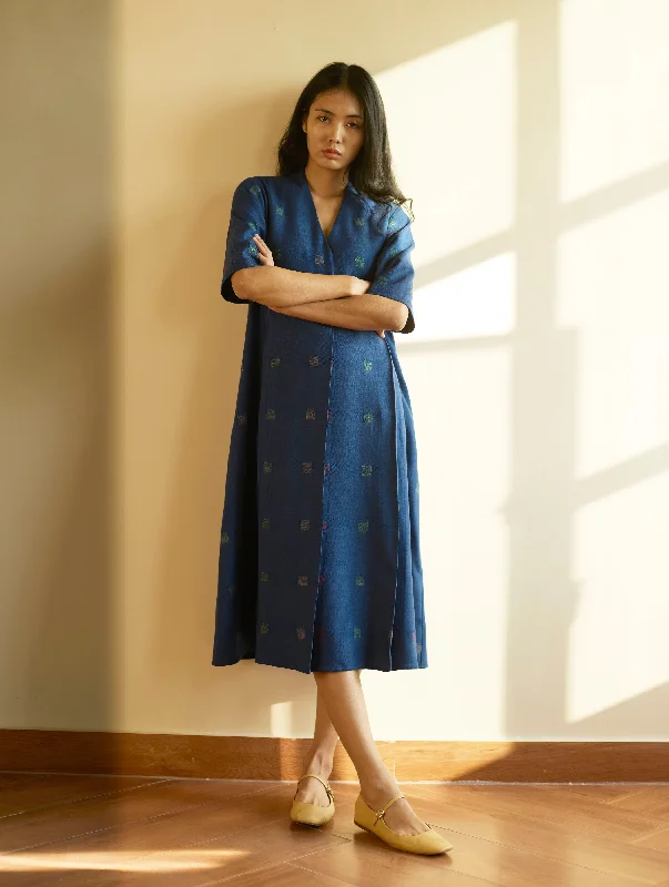 Kayan Jamdani Wool Dress - Navy Tunics Trendy modern