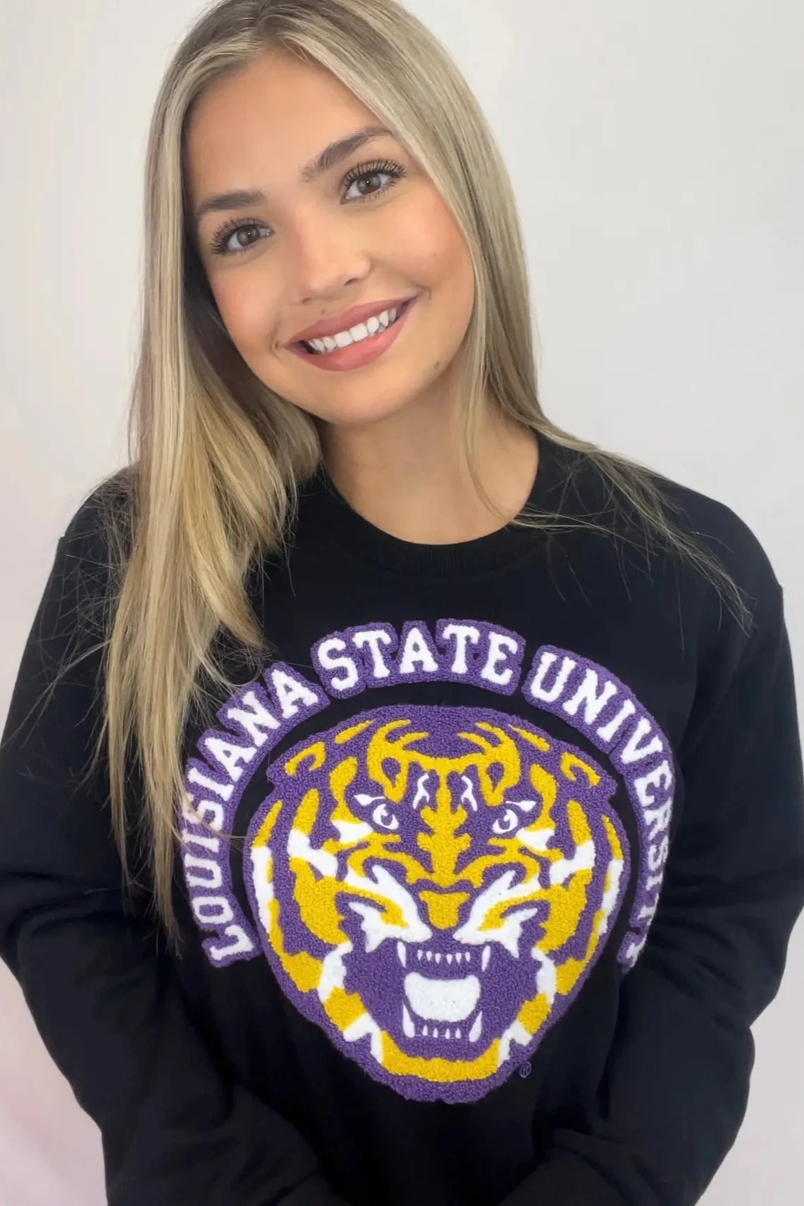 LSU Tigers Women's Sweatshirt Embroidery Chenille Hoodie with Elastic Waist Stretchable Comfortable