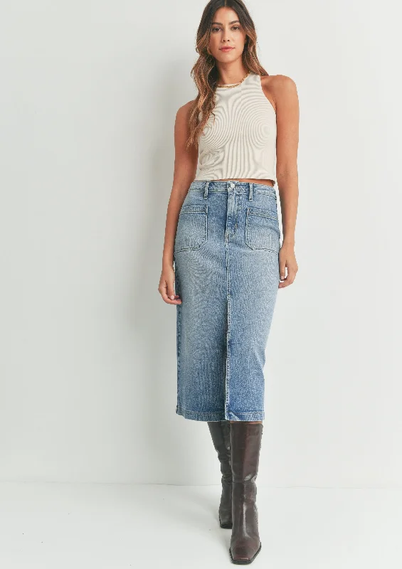 patch pocket midi denim skirt leather skirt durable